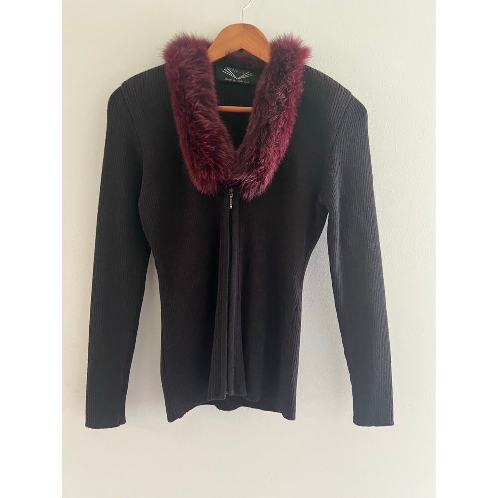 Angel Wool Blend Cardigan Sweater Black Red Faux Fur Collar Small JL